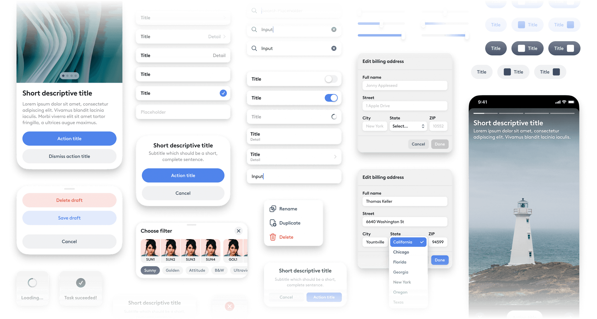 A Lightricks design system mockup showcasing different UI components.