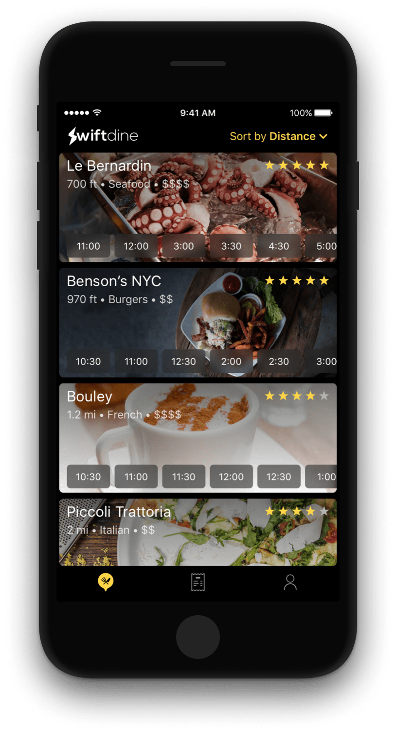 A SwiftDine app mockup showcasing a list of venues.